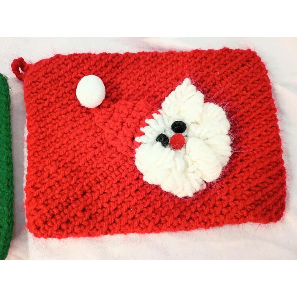 Lot of 2 Vintage Hand Made Christmas Pot Holders Santa Wreath